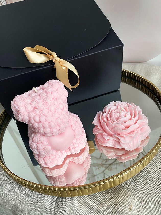 świeczniki i świece Walentynkowy zestaw prezentowy miś misiu peonia świece ekologiczne sojowe