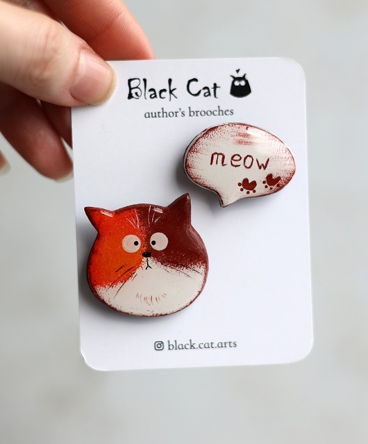 komplet biżuterii Komplet broszek Kot + Meow. Ręcznie malowane