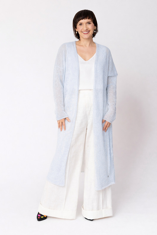 kardigany damskie Długi kardigan wełniany z paskiem - Jasny niebieski