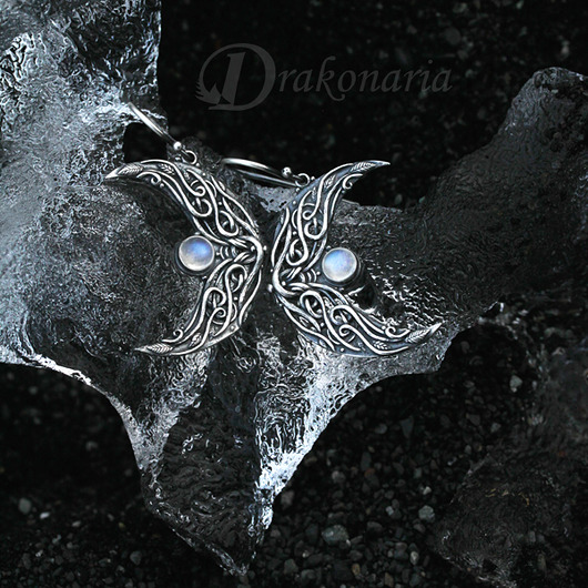 kolczyki wire wrapping Sindarin - Ithil - srebro i kamień księżycowy