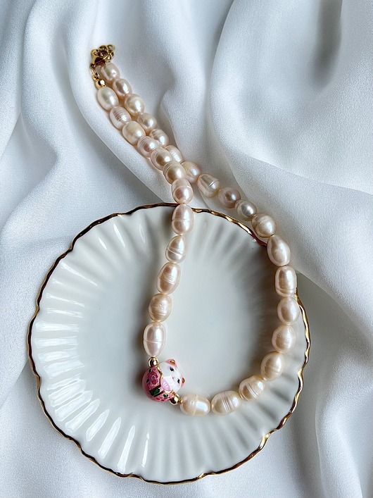 korale Naszyjnik choker z różowych pereł Lucky Cat