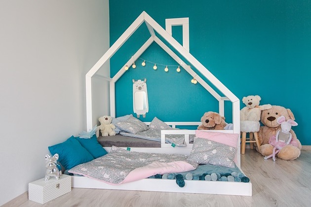 Łóżko domek Cleo +kolor+barierki+drugie spanie WoodLook