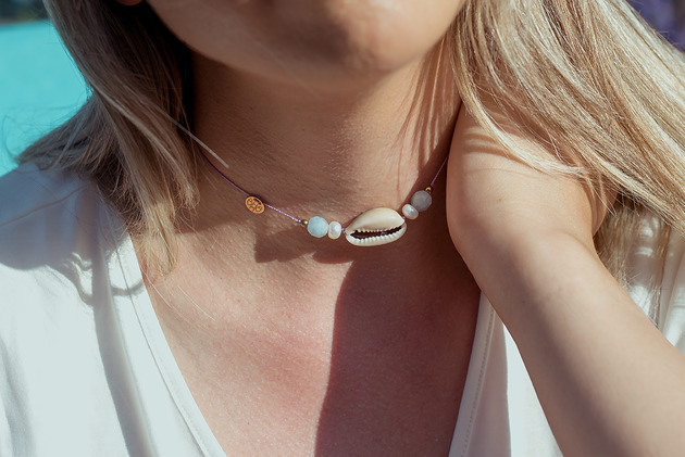 bransoletki z kamieni naturalnych Choker Muszla Akwamaryn Perła