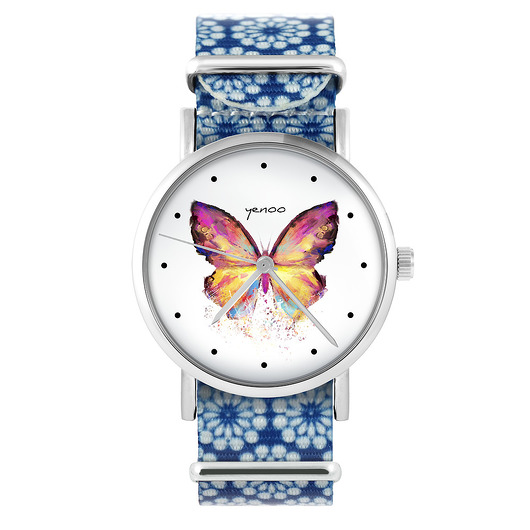 zegarki damskie Zegarek - Motyl - niebieski, kwiaty