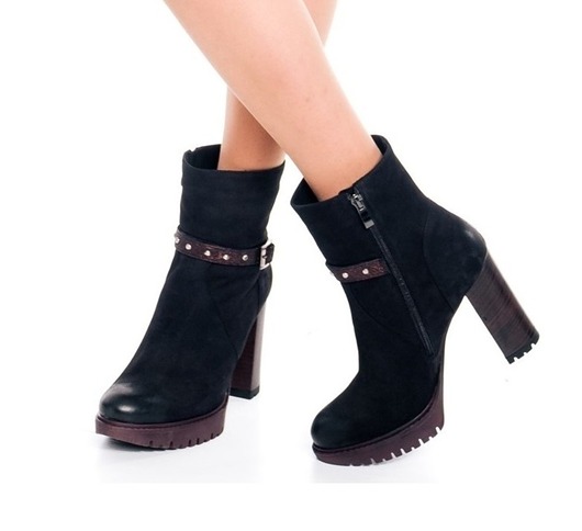 botki damskie Botki skórzane - nubuk czarny z brązowymi dodatkami (6154)