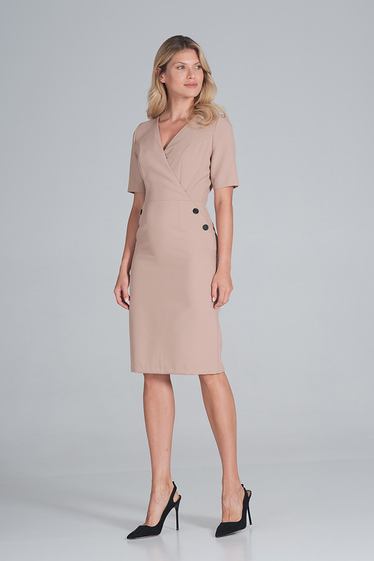 sukienki midi damskie Elegancka kopertowa sukienka midi z krótkim rękawem i zamkiem - M851