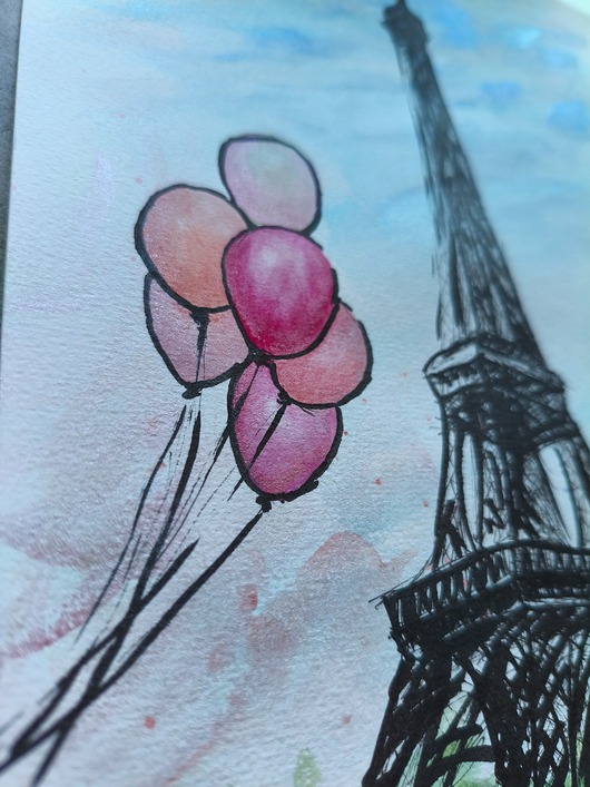 grafiki i ilustracje Paryż Francja wieża Eiffla miasta akwarela obraz balony pejzaż miejski 21x30