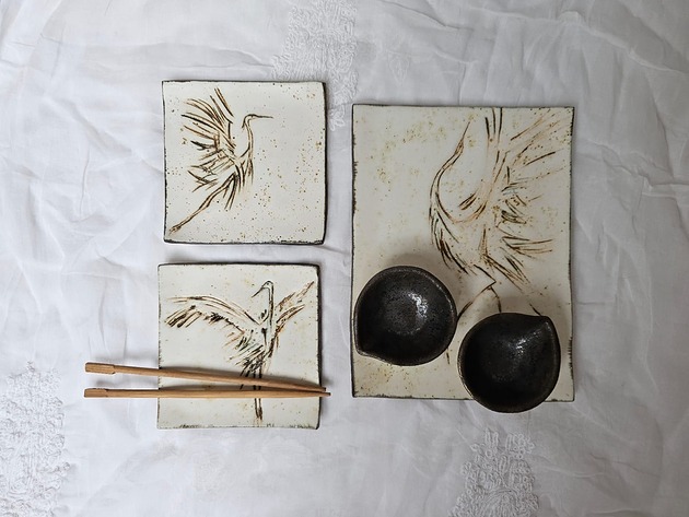 kuchnia - różne Ceramiczny zestaw do sushi dla 2 osób Żurawie