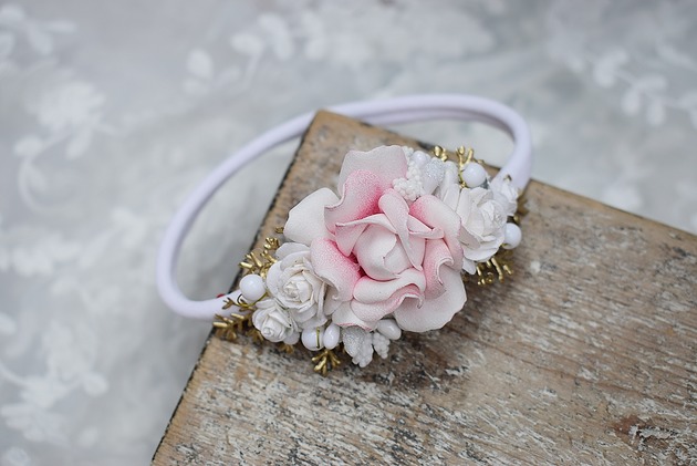 ozdoby do włosów dla dzieci wianek,chrzest niemowlę opaska kremowa biel