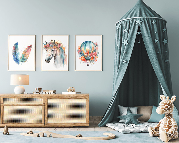 obrazy i plakaty do pokoju dziecięcego Plakaty dla dziewczynki , Koń, piórka i balon