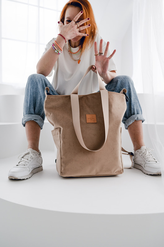 torby XXL Torbo-plecak Beżowy welur wodoodporny boho plecak do laptopa