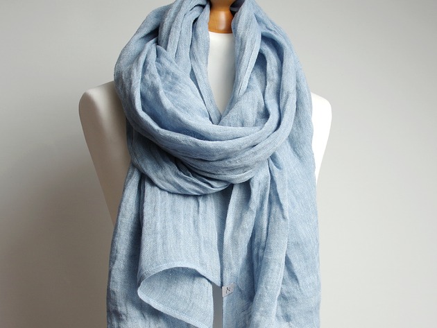 szale damskie Szal lniany damski, lniany szalik na jesień,NIEBIESKI