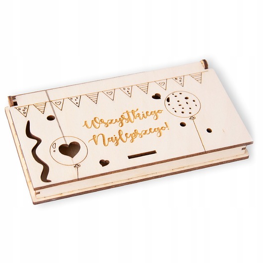 kartki scrapbooking Drewniane pudełko na pieniądze PREZENT NA URODZINY