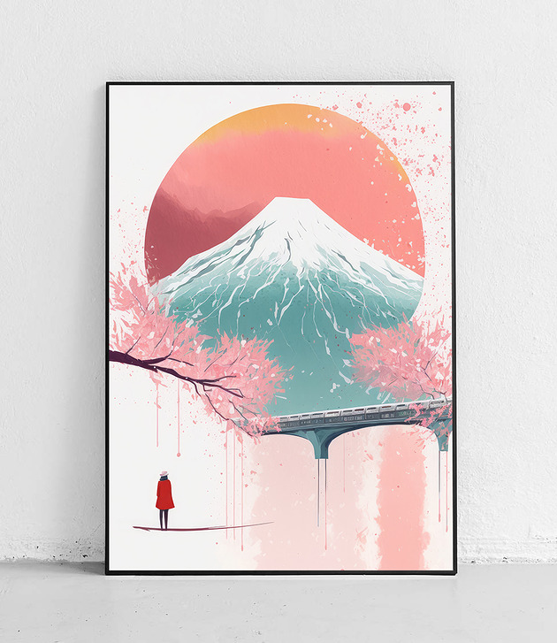 plakaty Plakat Góra Fuji z pociągiem i osobą w czerwonym płaszczu