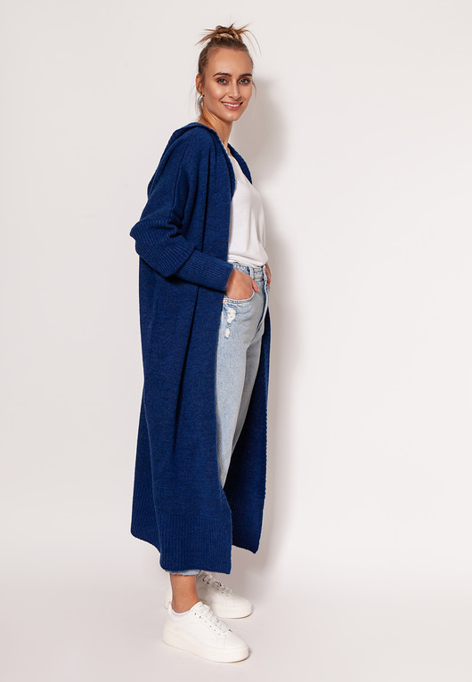 płaszcze damskie Dzianinowy płaszcz z kapturem - PA020 kobalt MKM