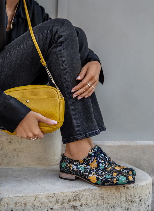 półbuty damskie Skórzane półbuty jazzówki Zapato model 246 żółto-zielone kleksy