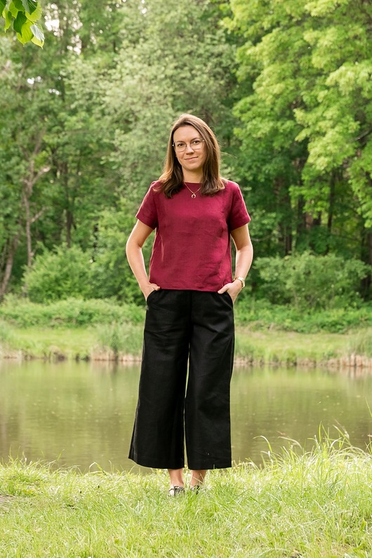 spodnie materiałowe damskie Lniane spodnie kuloty - czarne