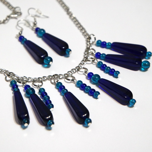 komplet biżuterii Komplet - Granatowy, turkusowy - naszyjnik, kolczyki
