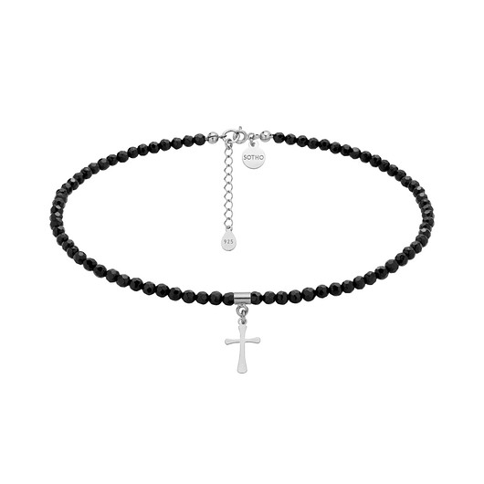 chokery Czarny choker z onyksu ze srebrnym krzyżem