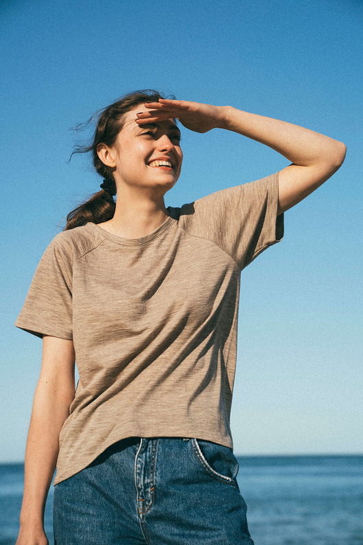 t-shirt damskie KAMELEON Damska Koszulka Beżowa 100% Wełny Merino RWS Podkoszulek