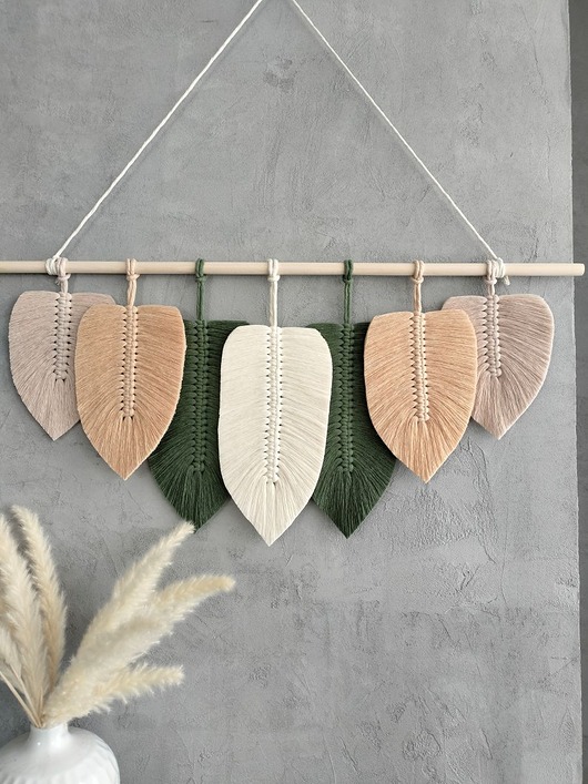 makramy Duża Makrama Liście XL Ozdoba Ścienna Boho Zieleń Beż 80 cm
