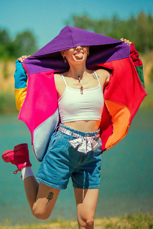 bluza z kapturem damska Bluza asymetryczna, krótka kolorowa bluza z kapturem