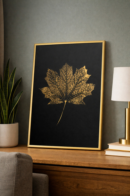 grafiki i ilustracje Autorska Grafika Botaniczna. Złoty Plakat Liść Klonu 20x30cm. Złota Rama Alu