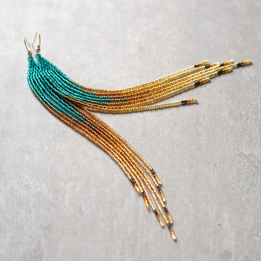 kolczyki szklane Boho Beauty - długie kolczyki w kolorze morskim i złotym