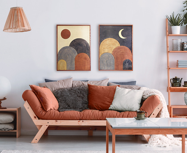 obrazy Dyptyk z drewna. Dwa obrazy w stylu boho. Słońce i księżyc. Dzień i noc.