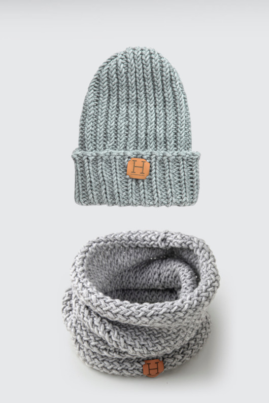 czapki damskie Komin i czapka z wełny merynosa handmade SZARY