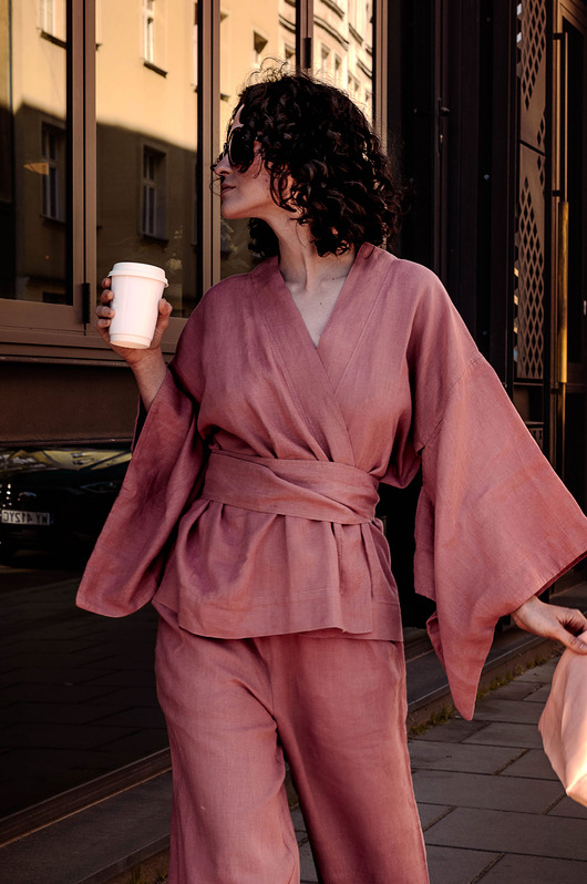 bluzki kimonowe damskie Kimono lniane różowe, lniana bluzka różowa.