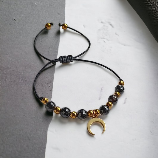 bransoletki z kamieni naturalnych OCHRONNA bransoletka - czarny turmalin - lunula - czarny sznurek