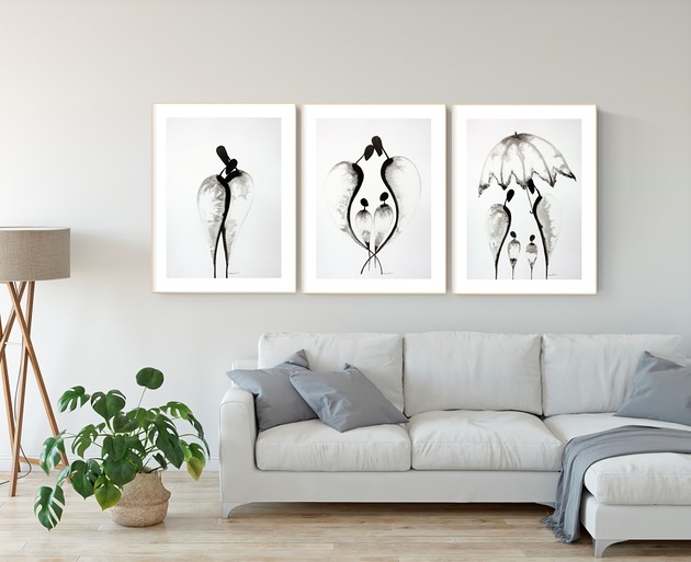 Zestaw 3 obrazów 50 x 70 cm malowany ręcznie MiniMalArt