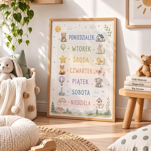 obrazy i plakaty do pokoju dziecięcego Plakat edukacyjny DNI TYGODNIA dla chłopca