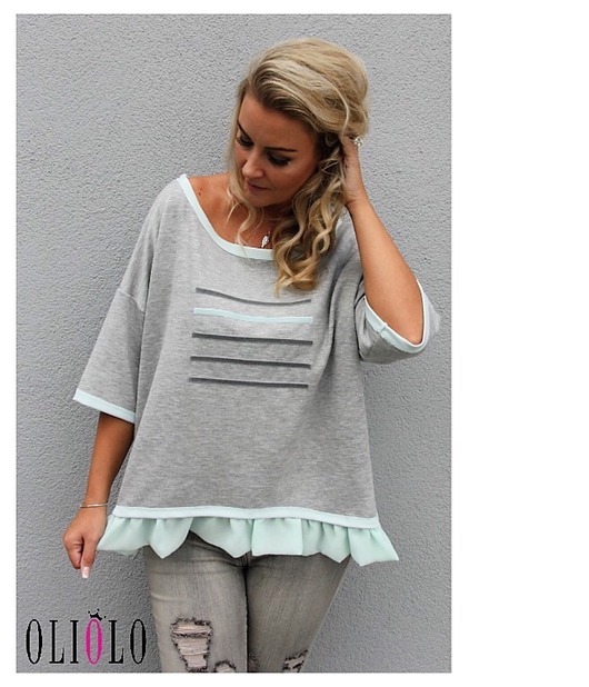 Bluza Szara z miętą z falbanką Pudrowy Różowy