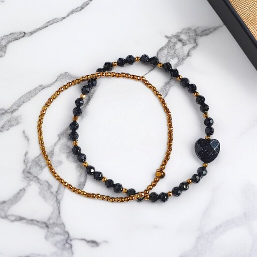 bransoletki z kamieni naturalnych Komplet granatowo-złoty : bransoletki z serduszkami : na prezent