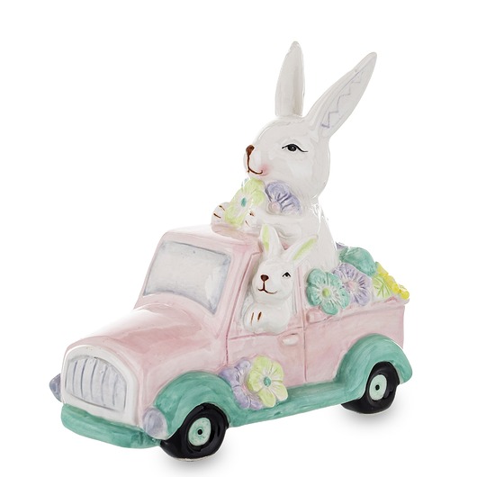ozdoby wielkanocne Dekoracja - króliki w samochodzie z kwiatami 20x10,5x19 cm różowy