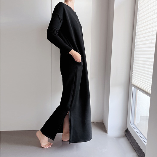 sukienki maxi damskie Sukienka długi rękaw Czarna z rozporkami