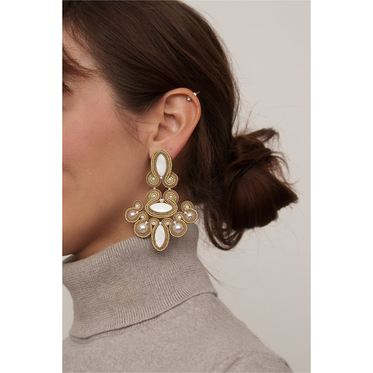 kolczyki soutache Kolczyki żyrandole - złoto i biel, barokowe