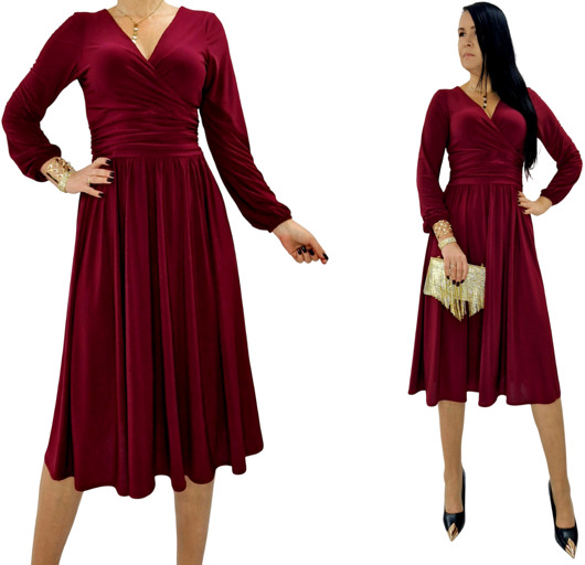 sukienki midi damskie Bordowa  elegancka sukienka  midi draperia r 36-56
