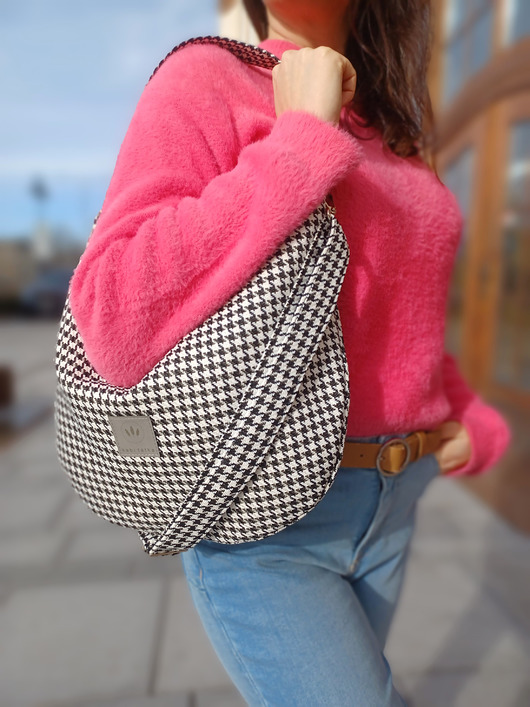 torby na ramię Mała torba worek z plecionki z wzorem pepitki