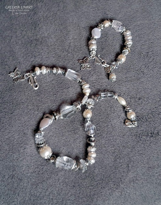 komplet biżuterii Naszyjnik i bransoletka z kryształu górskiego i pereł unikat ręcznie robiony