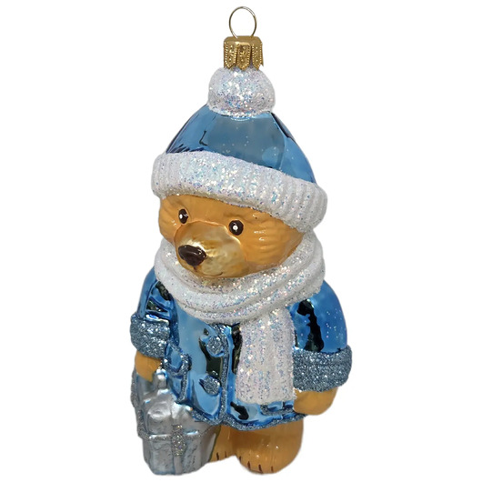 bombki Ręcznie malowana bombka szklana miś z walizką w niebieskim płaszczu