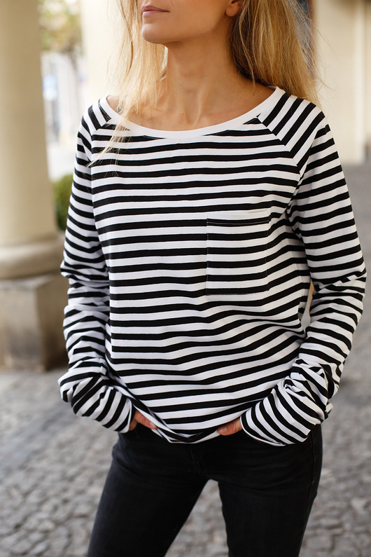 bluzki z długim rękawem damskie Longsleeve Dłuższa Historia czarno-białe paski