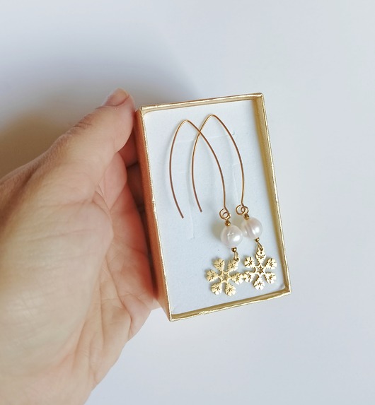 kolczyki pozłacane Kolczyki pozłacane śnieżynki : długie: perły : wyjątkowy prezent
