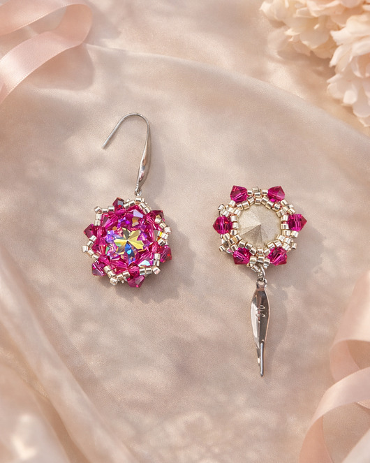 kolczyki szklane Różowe Wiszące Kolczyki "Crystal Fuchsia Maxima" z Kryształów Preciosa