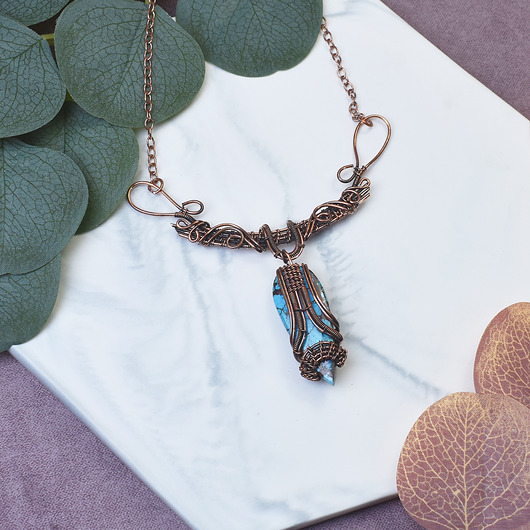 kolie Miedziany naszyjnik wire wrapping z turkusem #500