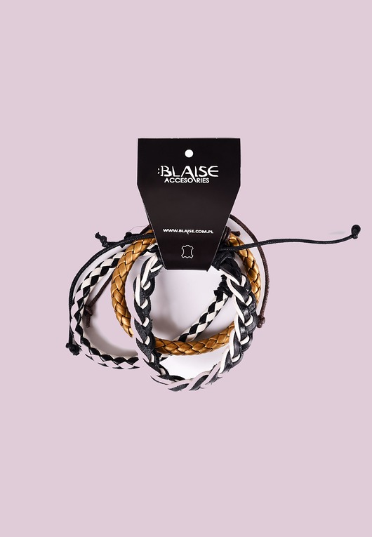 Zestaw bransoletek skórzanych - black-white-gold BLAISE