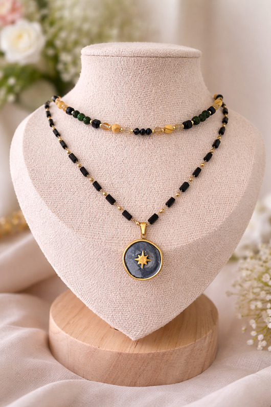 kolie Naszyjnik czarny dwuwarstwowy cytryn i czarny turmalin