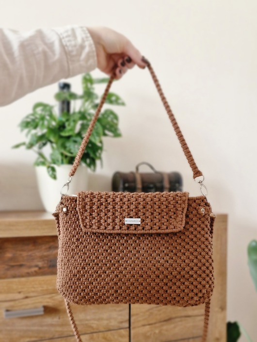 torby na ramię Torebka ze sznurka casualowa - pleciona, makrama - karmelowa